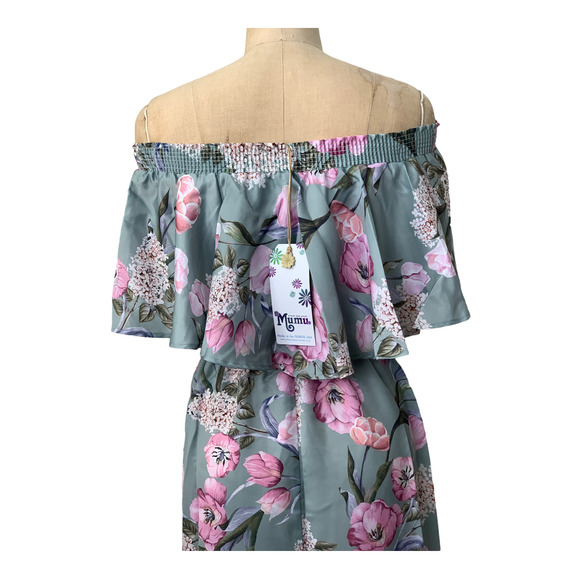 Show me your Mumu Maxi Dress Hawaii Orchid Summer Off Shoulder XS S NWT - Picture 7 of 9